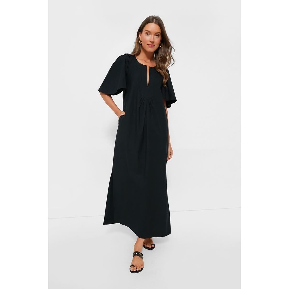 Pomander Place Finley Flutter Maxi Dress XL Black Minimalist Resort Vacation NWT